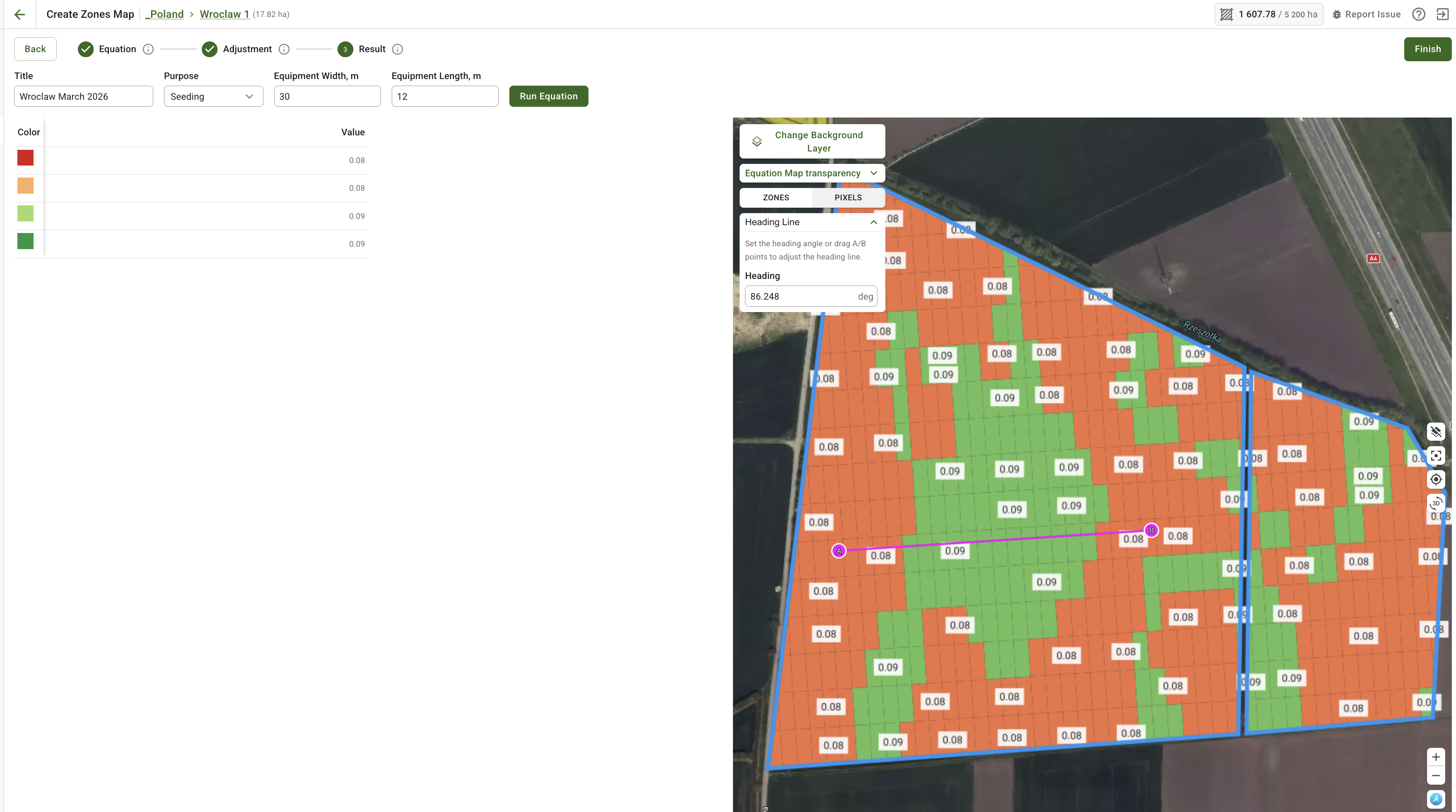 Equation Map with rectangular pixels generated according to the width and length of the equipment.